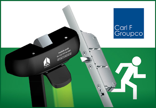 A comprehensive range of panic and emergency exit hardware is available from Carl F Groupco.  Image shows Strand Antipanic gearing (left) and a FUHR emergency exit lock.
