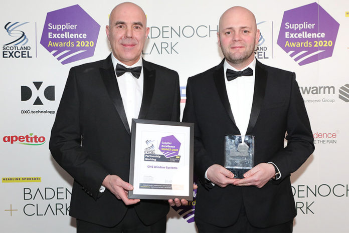 CMS Window Systems’ Colin Joyce, business development manager, and Craig Reid, MD for Social & New Build, receiving their Scotland Excel Supplier Excellence Award for their partnering working approach.