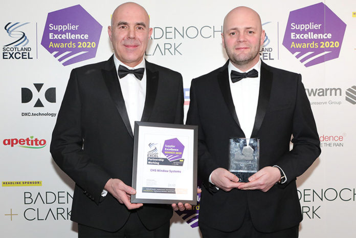 CMS Window Systems’ Colin Joyce, business development manager, and Craig Reid, MD for Social & New Build, receiving their Scotland Excel Supplier Excellence Award for their partnering working approach. CMS Window Systems’ Colin Joyce, business development manager, and Craig Reid, MD for Social & New Build, receiving their Scotland Excel Supplier Excellence Award for their partnering working approach.